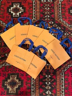 Louis Vuitton Orange Mini Shopping Bags with Blue Ribbon Handles